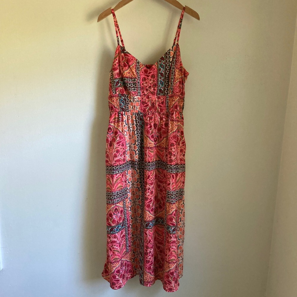 Old Navy Womens Pink Orange Paisley Patchwork Smocked Midi Dress Cotton Medium